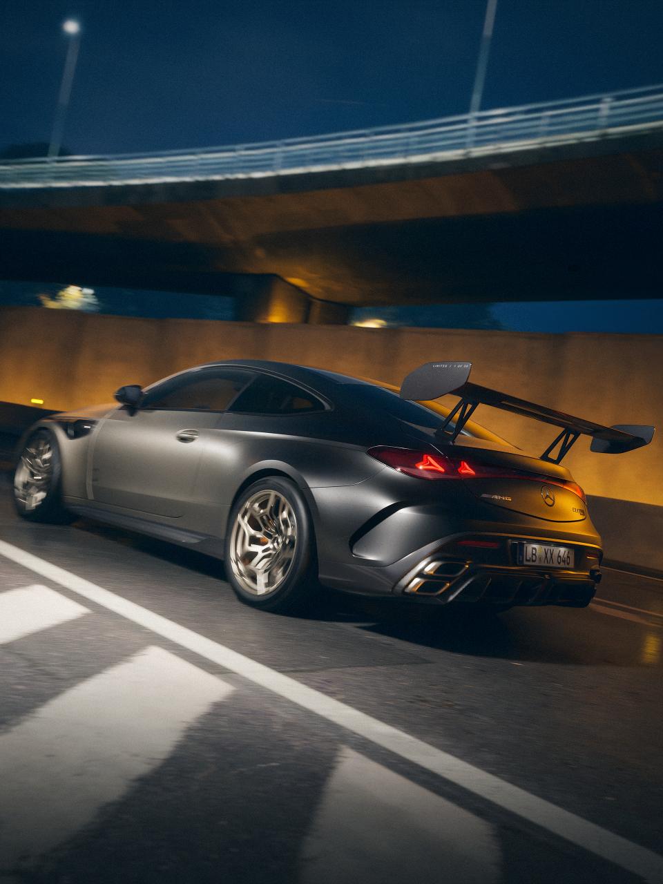 The Mercedes-AMG CLE 646 in motion viewed from the rear side