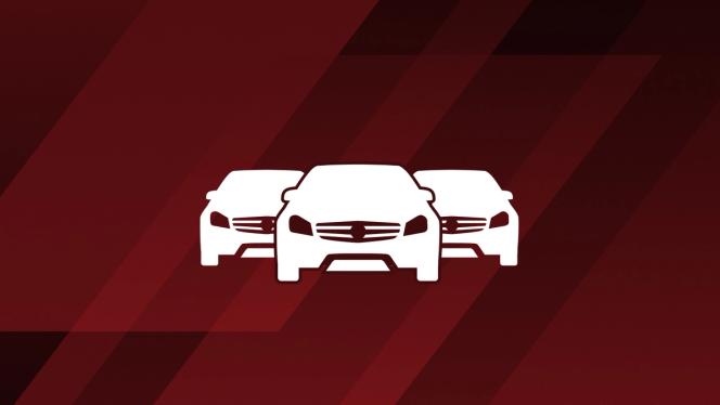 Three symbolic AMG vehicles in front of a red striped background