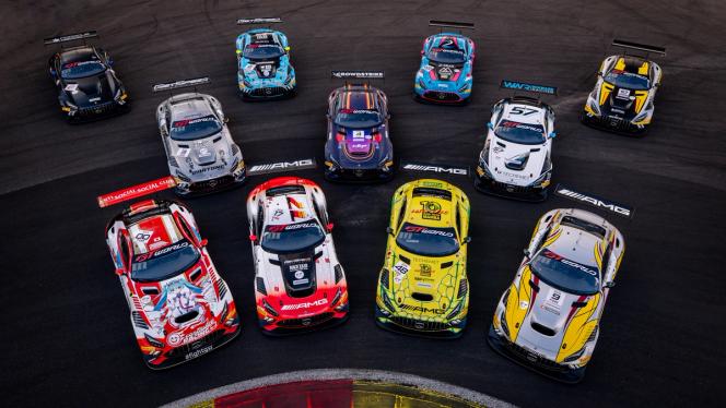 Bird's eye view of several GT racing cars at the CrowdStrike 24 Hours of Spa