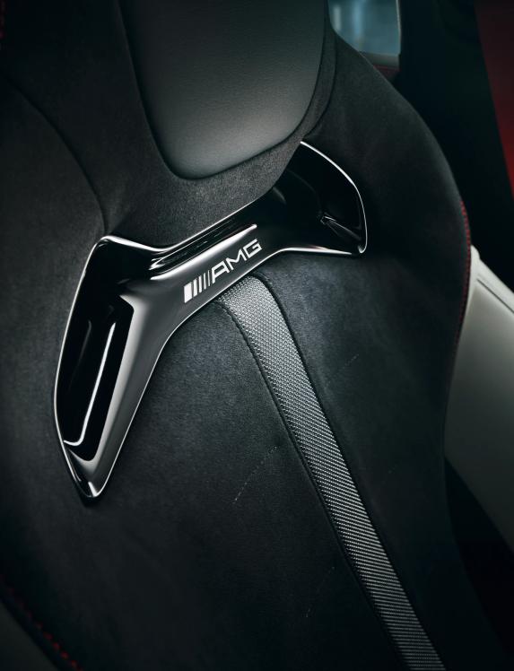 Close-up of the AMG logo on the seat