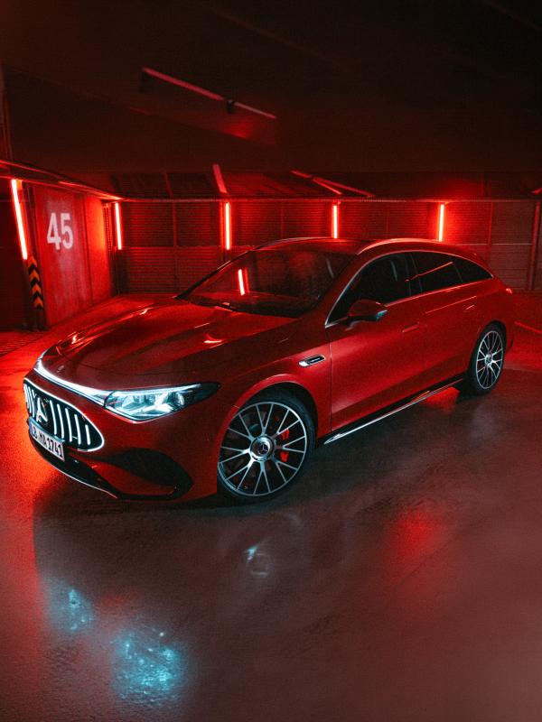 The Mercedes-AMG CLA 45 4MATIC+ Shooting Brake in a room lit by red lights