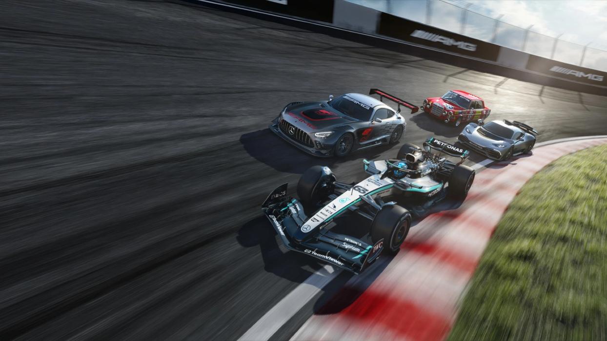 Current and legendary racing vehicles on a race track