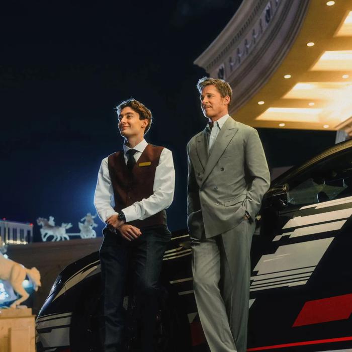 Brad Pitt and George Russle in front of  the new Mercedes-AMG GT 4-Door Coupe prototype.