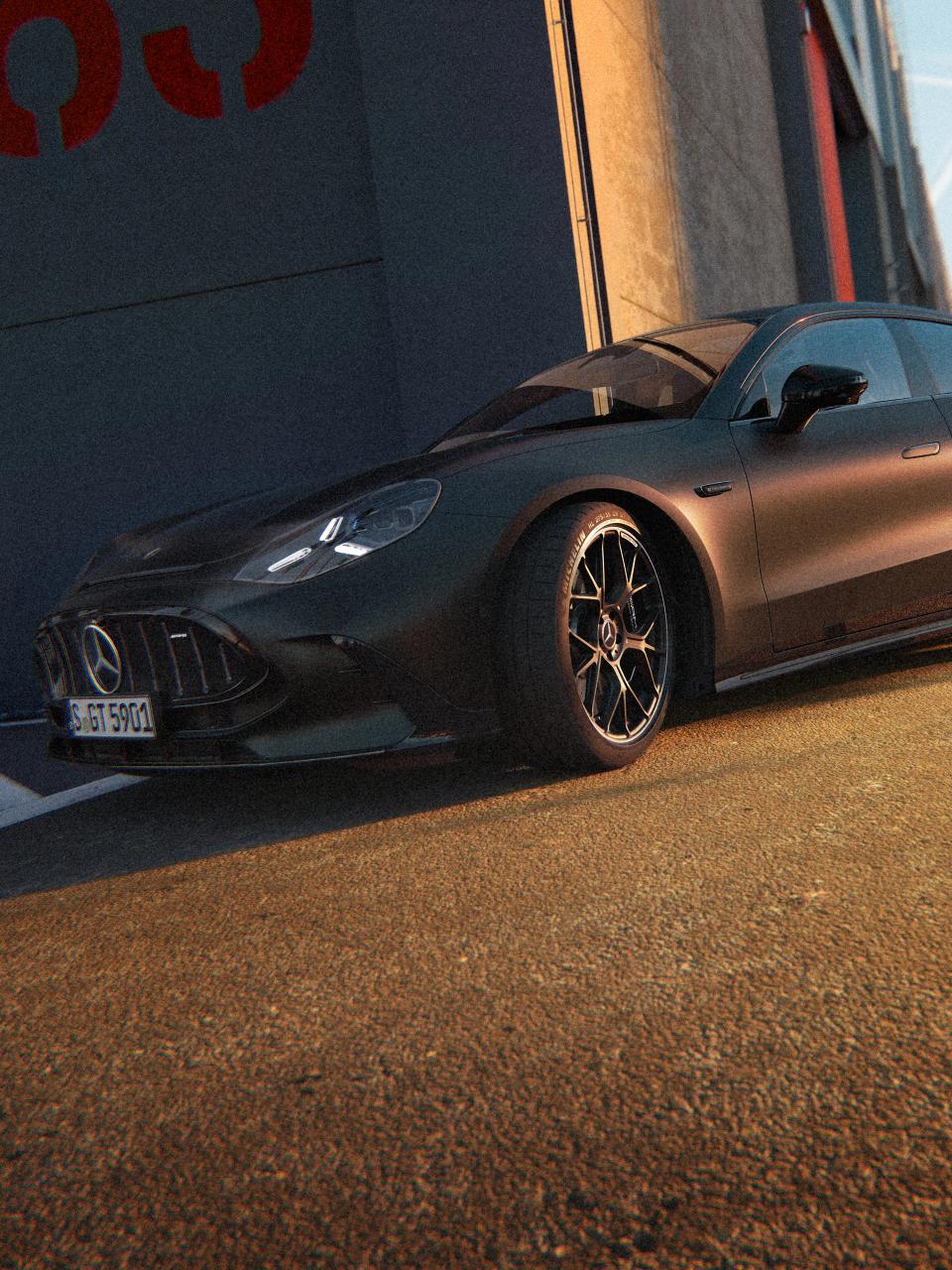 Front and side view of the Mercedes-AMG GT 4-Door Coupé