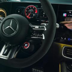 Close-up of the steering wheel and speedometer