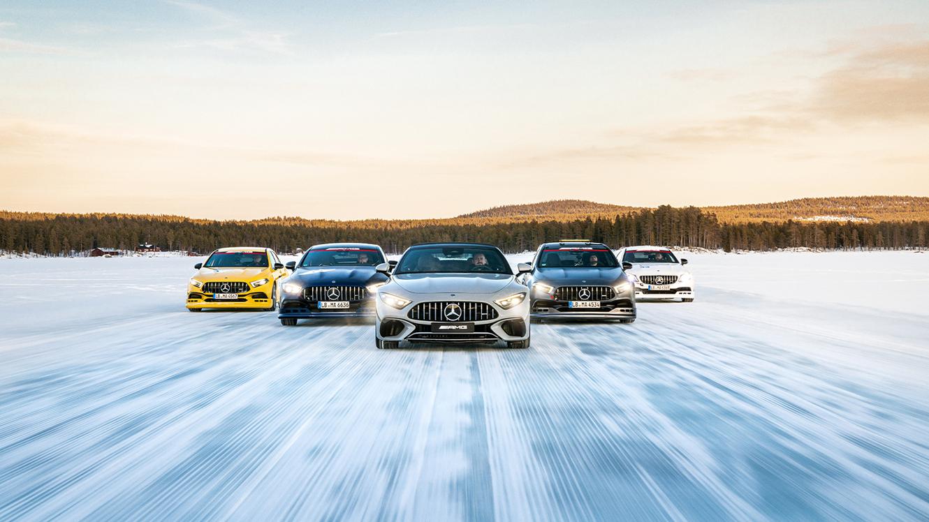Mercedes-AMG A 45 S Hatchback, Mercedes-AMG SL 63, Mercedes-AMG GT 63 S 4-door coupe and Mercedes-AMG C 63 S Coupé on an icy road.