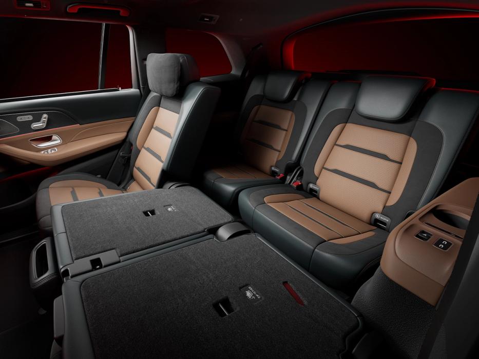 View of the extended seating options with the seats folded down in the new Mercedes-AMG GLS 63 SUV.