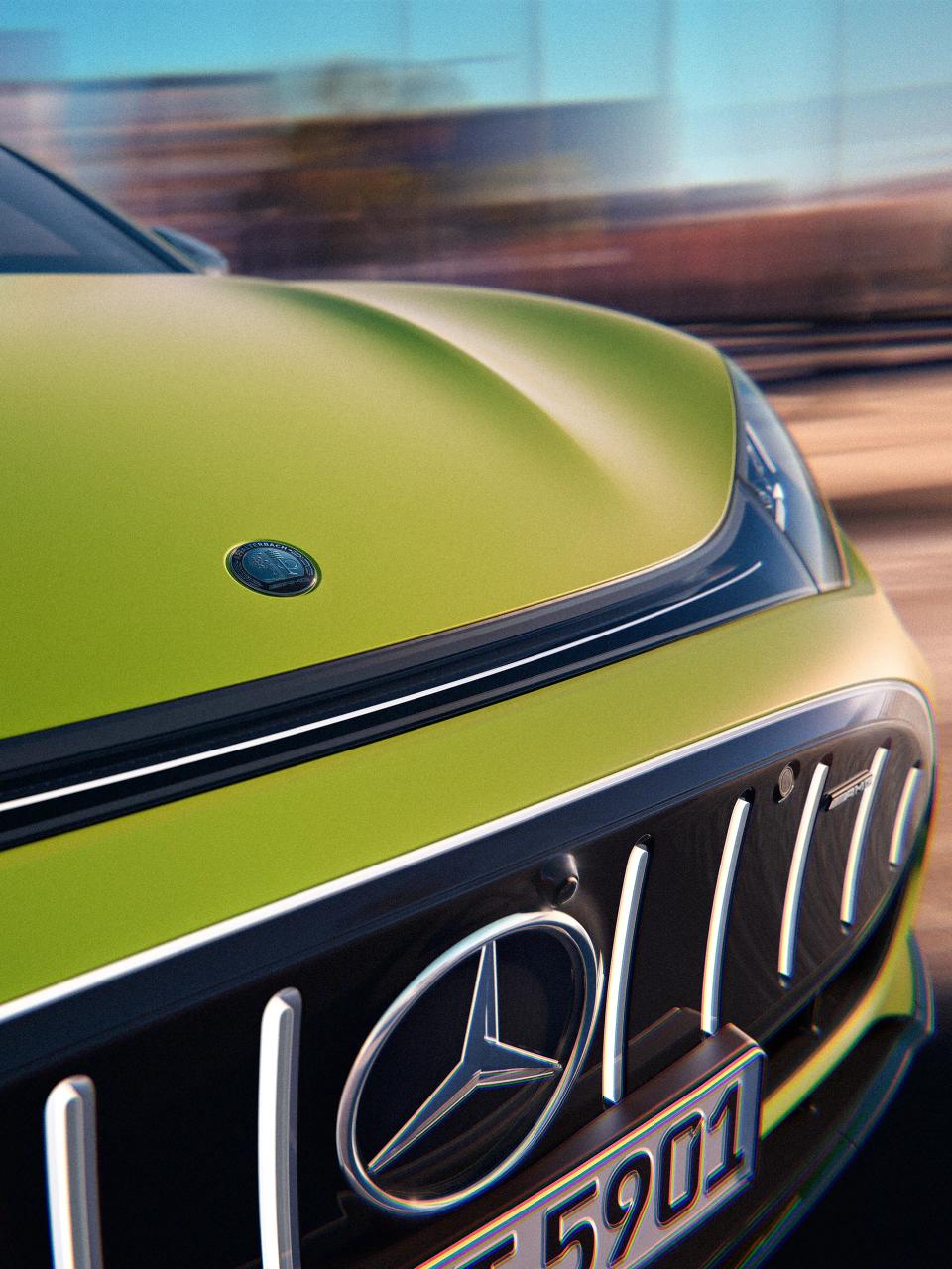 Close-up of the AMG logo on the Mercedes-AMG GT 4-Door Coupé