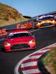 Two Mercedes-AMG GTs on the racetrack, taking a bend