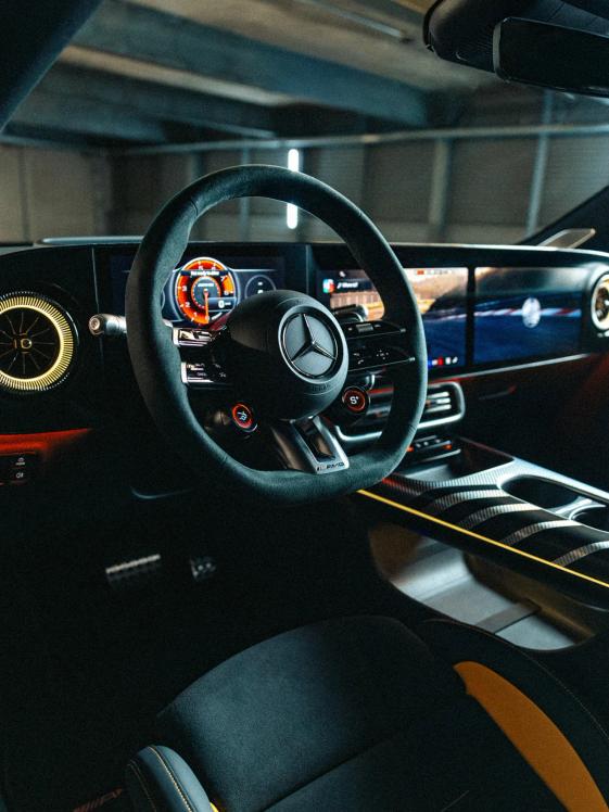 Steering wheel and driver’s seat in the Mercedes-AMG CLA 45 4MATIC+
