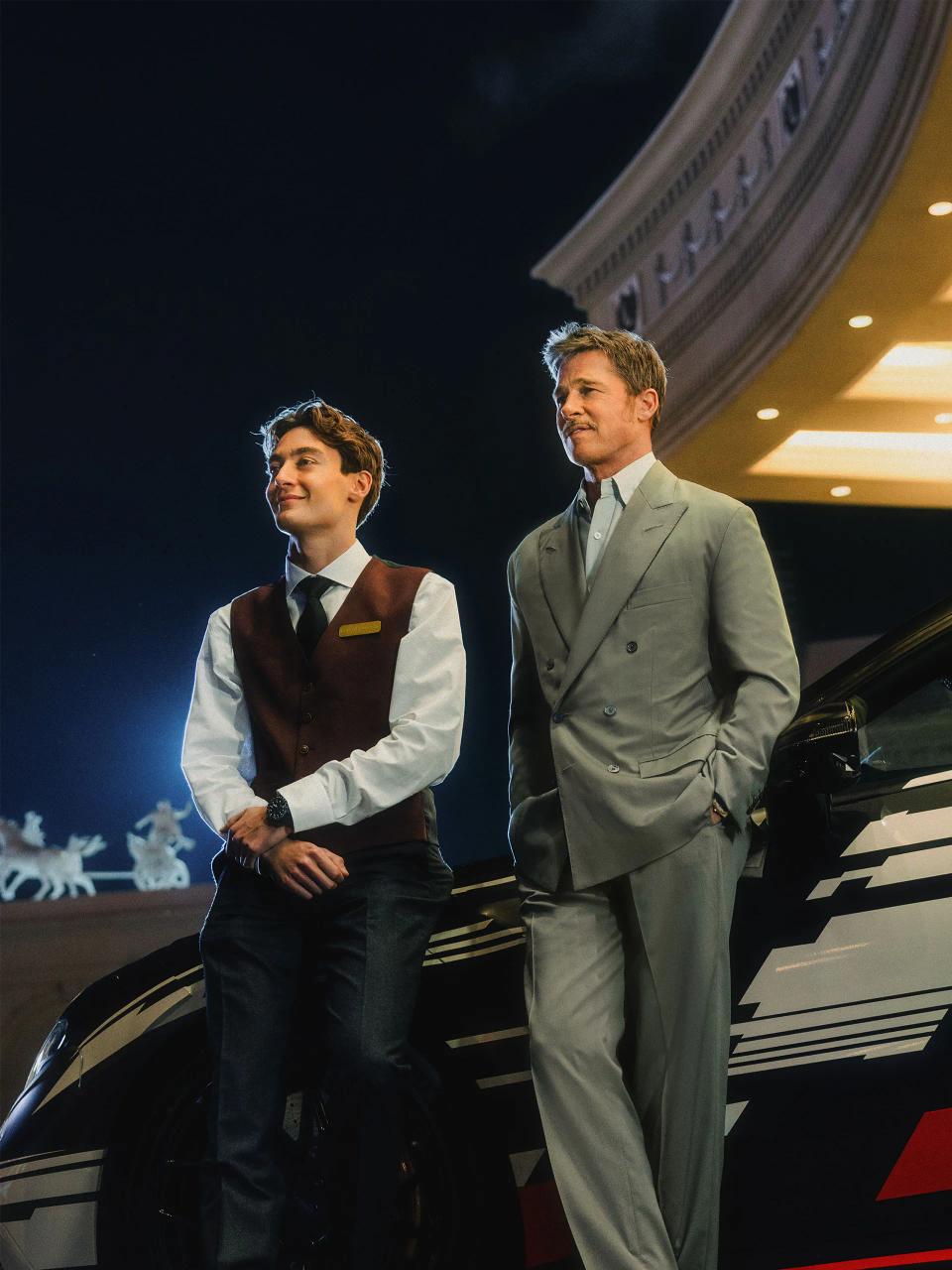 Brad Pitt and George Russle in front of  the new Mercedes-AMG GT 4-Door Coupe prototype.