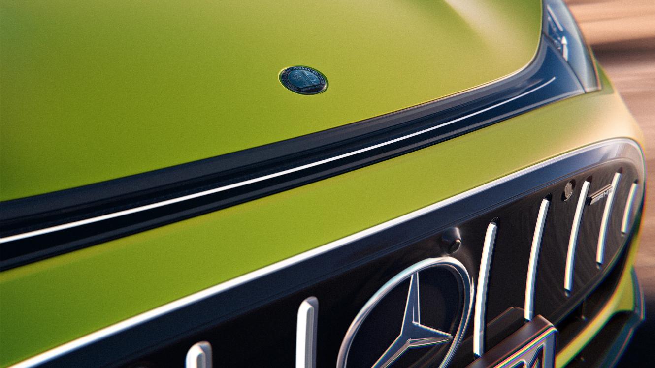 Close-up of the AMG logo on the Mercedes-AMG GT 4-Door Coupé