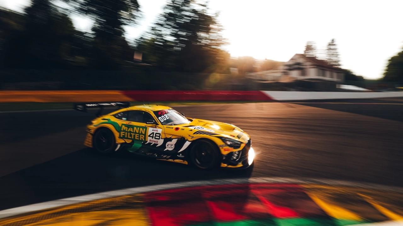A Mercedes-AMG GT taking a bend on the racetrack