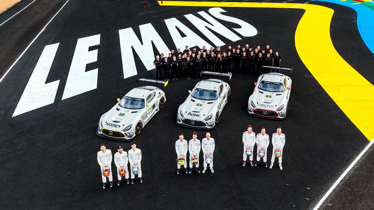 Luftaufnahme der drei Mercedes-AMG GT Teams bei den 24 Stunden von Le Mans 2025
