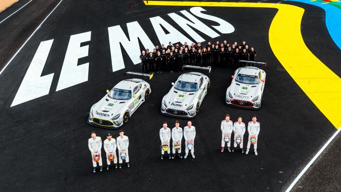 Luftaufnahme der drei Mercedes-AMG GT Teams bei den 24 Stunden von Le Mans 2025