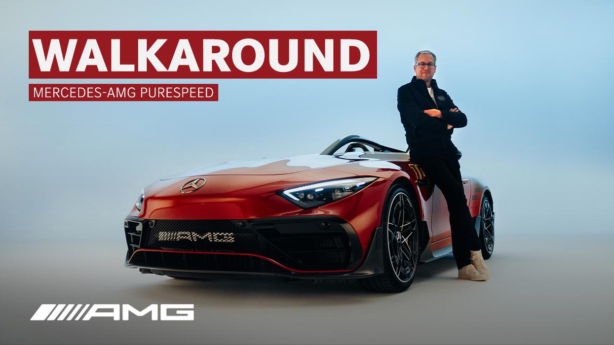 A product manager stands in front of the new Mercedes-AMG PureSpeed.