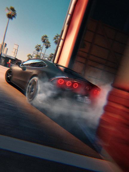 Rear view of the Mercedes-AMG GT 4-door Coupé whilst drifting